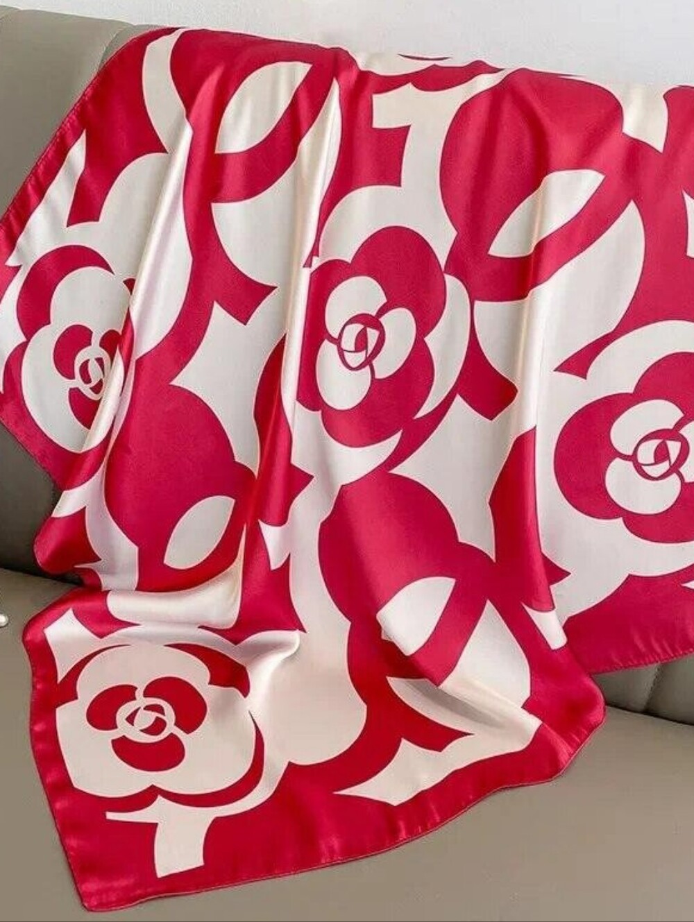 Silk-feel Floral Print Scarf in Red and White Women Head Scarf , Neck Scarf